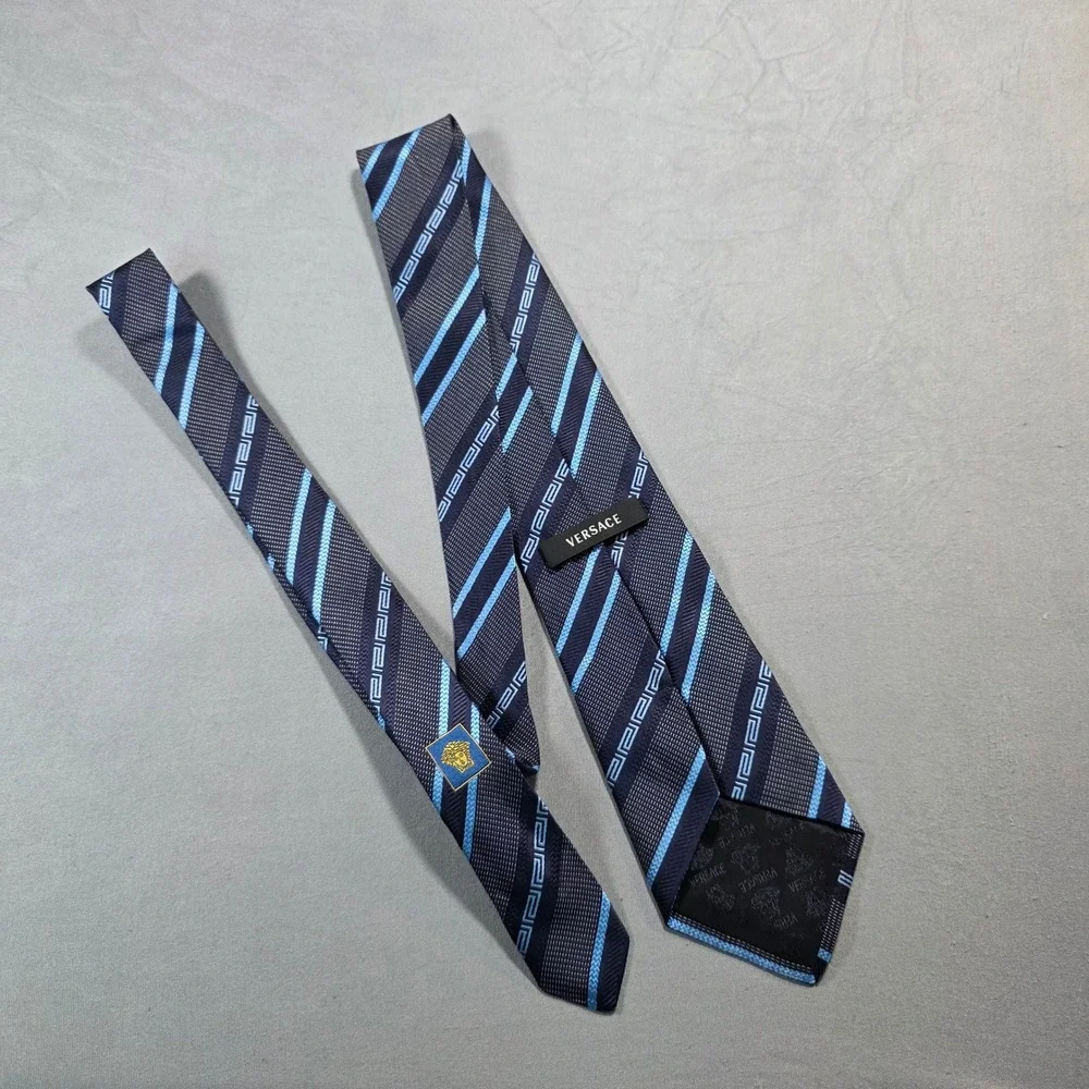 Versace Mens Silk Tie Navy Blue Light Blue Striped Greek Key‎ Medusa Head Italy